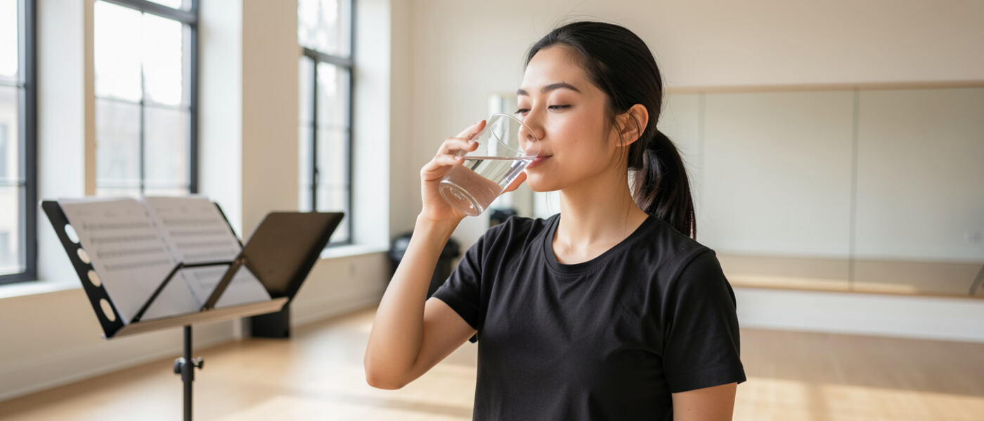 A singer drinking from a water bottle between exercises in a studio.