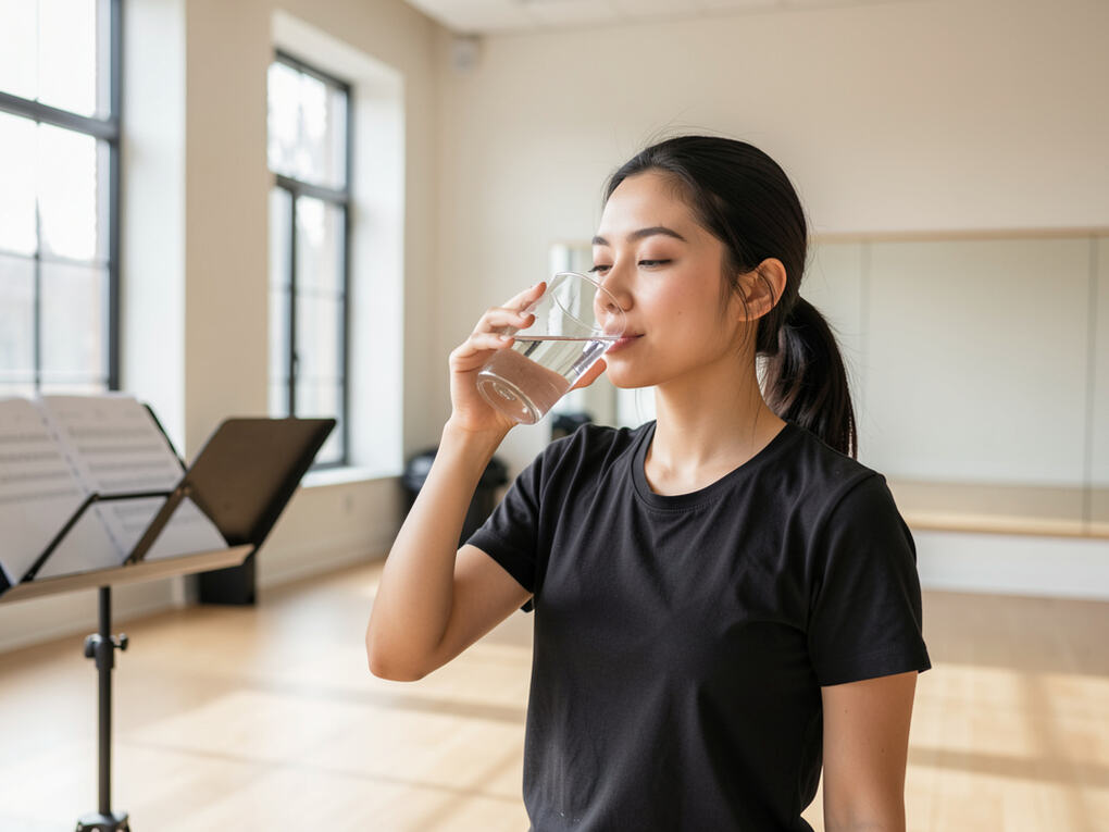 A singer drinking from a water bottle between exercises in a studio.