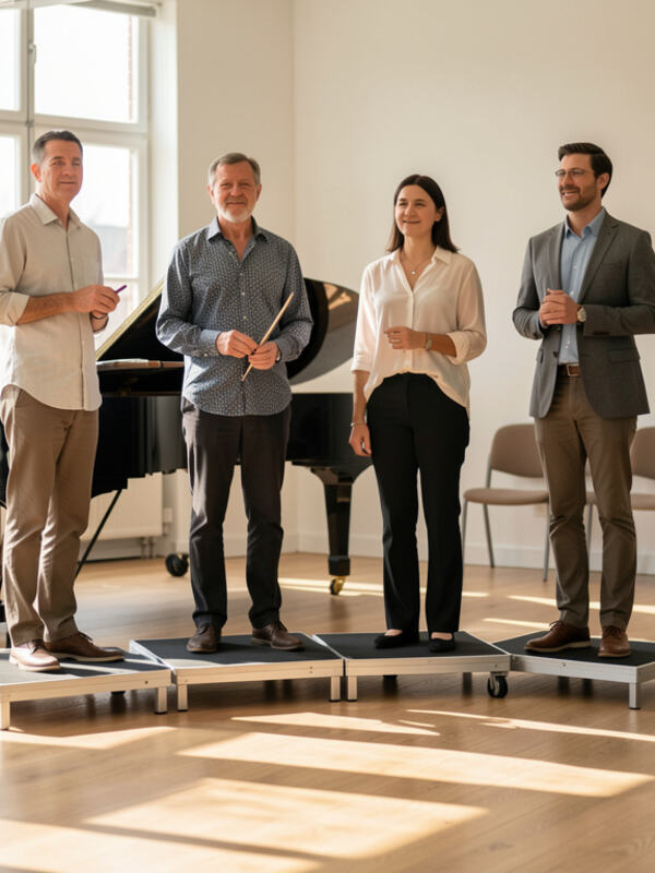 A small vocal jazz group singing around a pianist in a rehearsal studio.