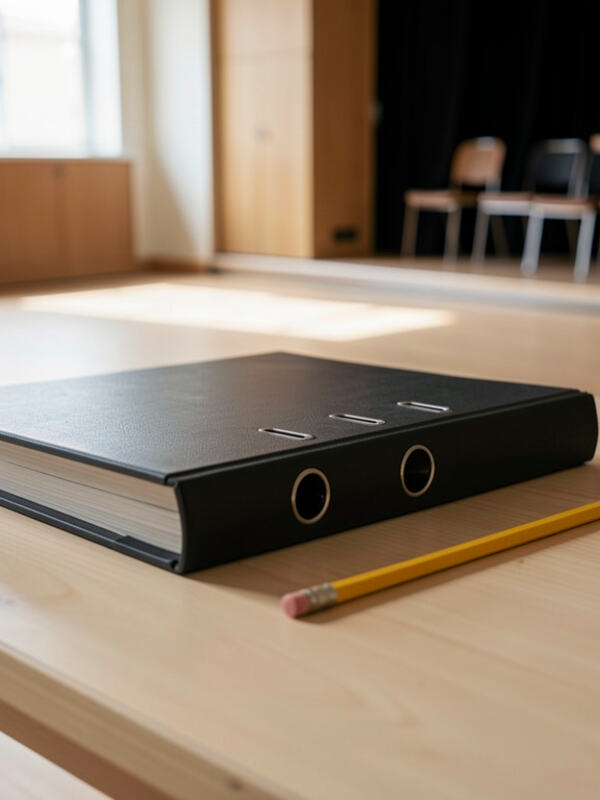 A closed ring binder and a pencil on a table in an empty rehearsal room.