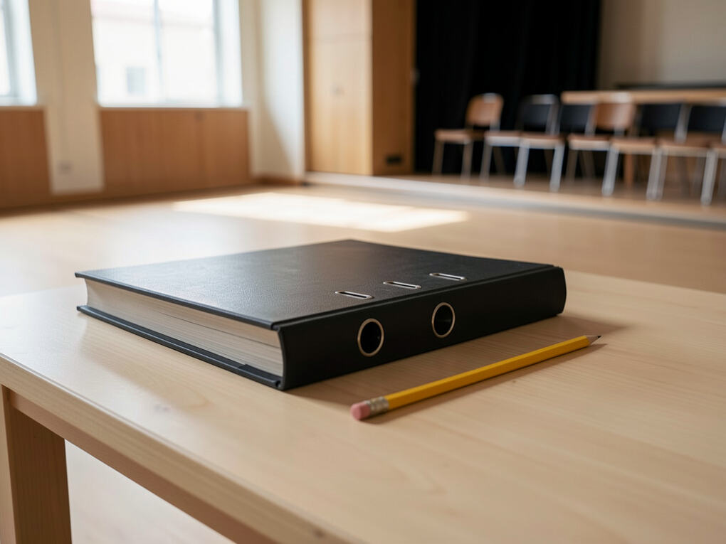 A closed ring binder and a pencil on a table in an empty rehearsal room.