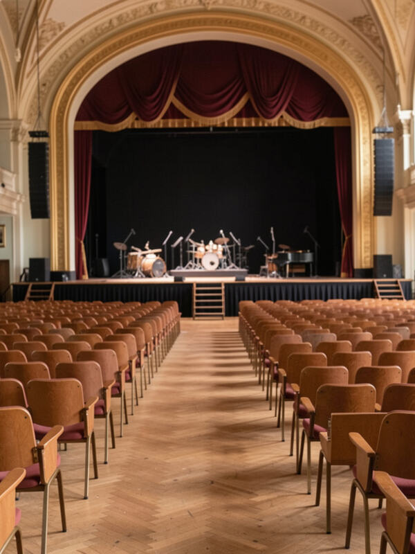 A wide concert hall stage seen from the back rows under warm light.