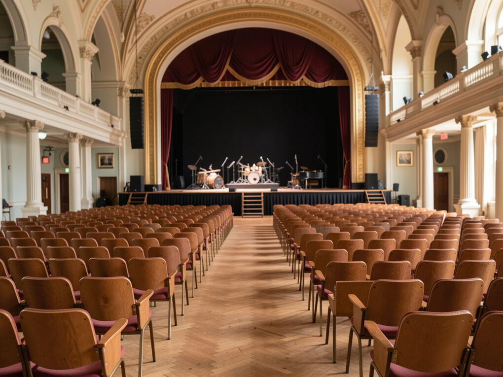 A wide concert hall stage seen from the back rows under warm light.