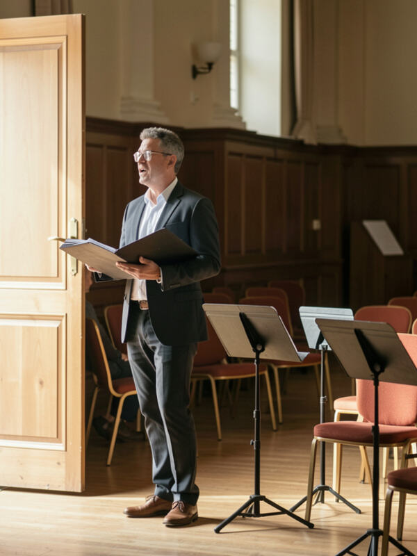 A singer arriving with a folder at the door of a hall with chairs set in rows.