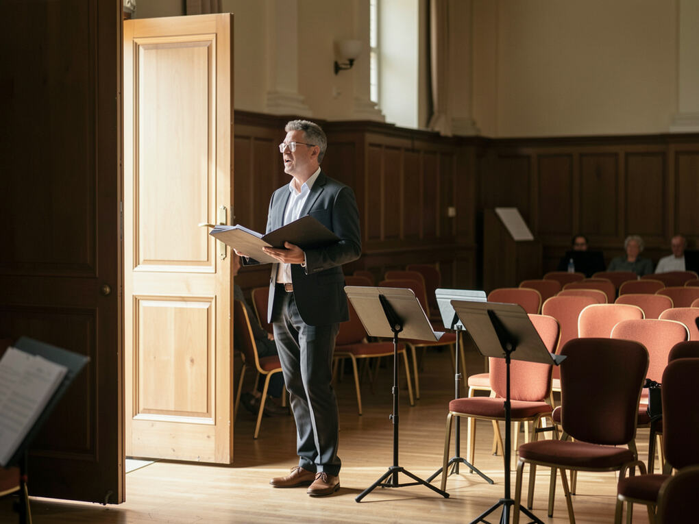 A singer arriving with a folder at the door of a hall with chairs set in rows.