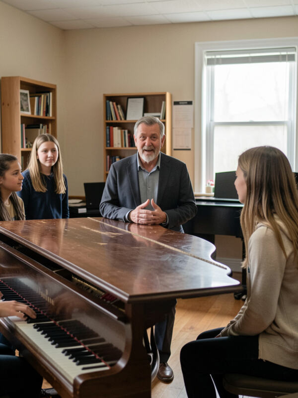 A director talking with two singers around an upright piano.