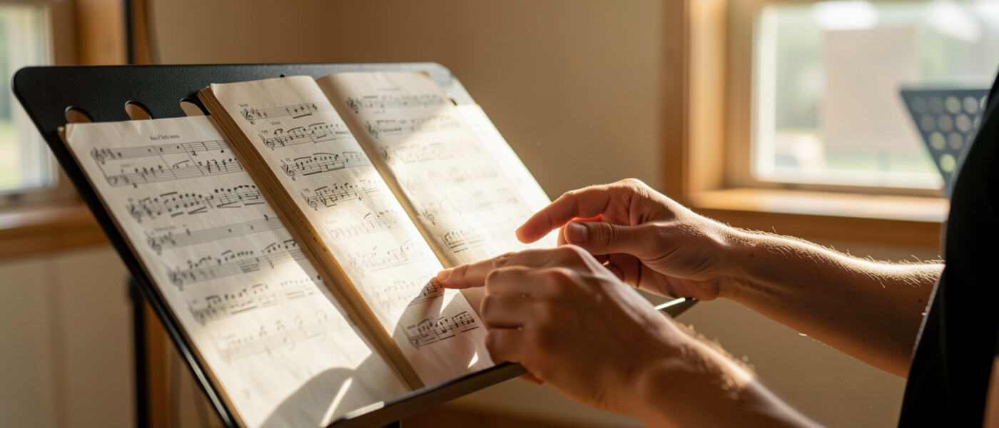 An open ring binder of sheet music on a wooden stand beside a water bottle.