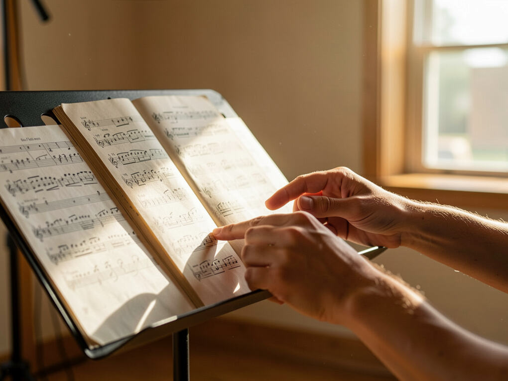 An open ring binder of sheet music on a wooden stand beside a water bottle.