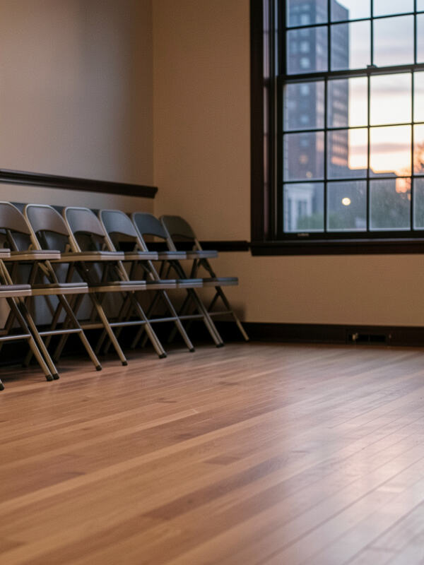 Rows of folded chairs and music stands in an empty rehearsal hall.