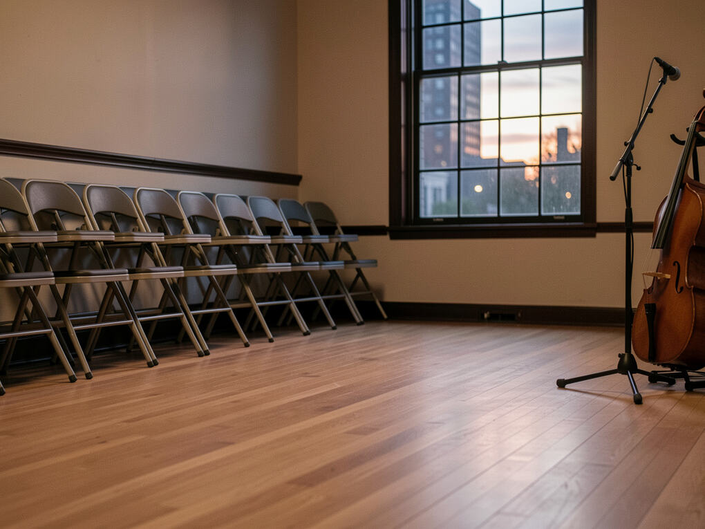 Rows of folded chairs and music stands in an empty rehearsal hall.