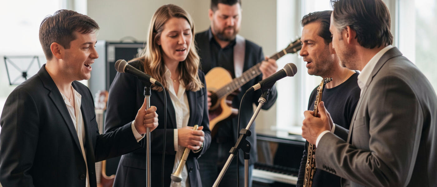 A circle of adult singers rehearsing in a community room with chairs.
