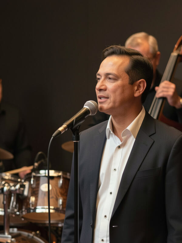 A singer at a microphone in a small club with a trio playing behind.