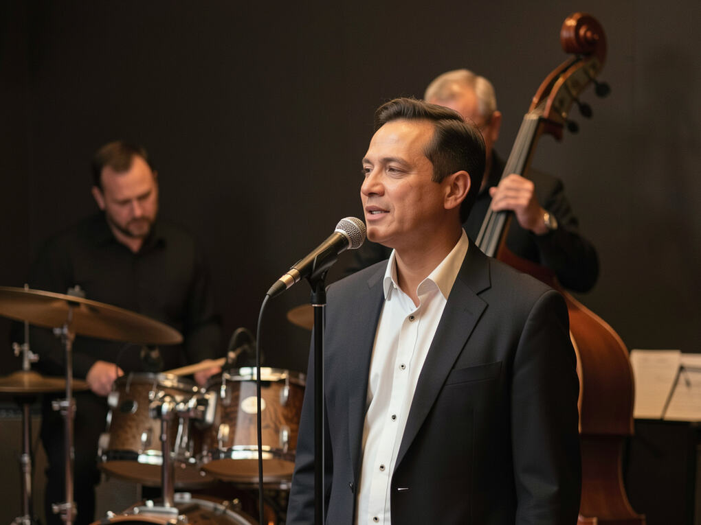 A singer at a microphone in a small club with a trio playing behind.