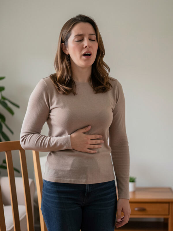 A singer practising alone in a small living room, one hand flat on the ribs.