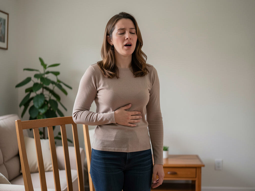 A singer practising alone in a small living room, one hand flat on the ribs.