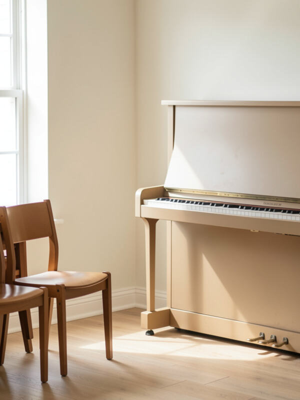 An empty community room with stacked chairs and an upright piano.