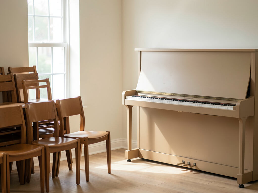 An empty community room with stacked chairs and an upright piano.