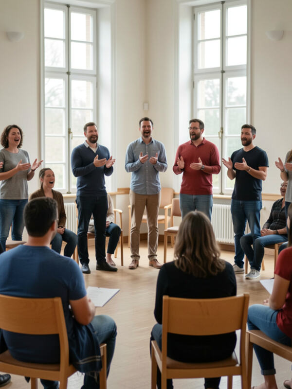 Adults in a loose circle singing together in a plain public hall.