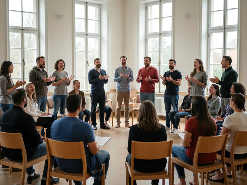 Adults in a loose circle singing together in a plain public hall.
