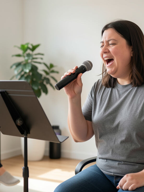 An adult beginner singing at a music stand while a teacher listens from a chair.