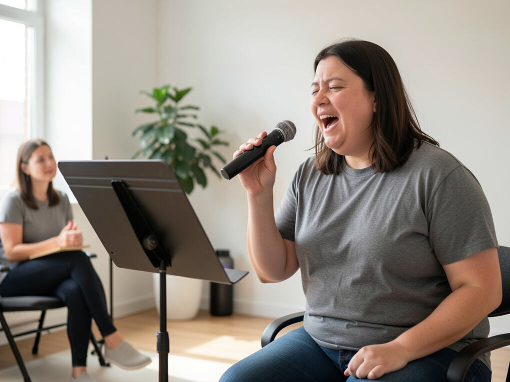 An adult beginner singing at a music stand while a teacher listens from a chair.