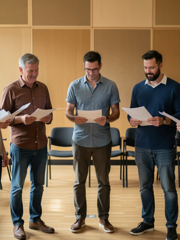 Six singers standing close in a semicircle, scores lowered, listening to each other.