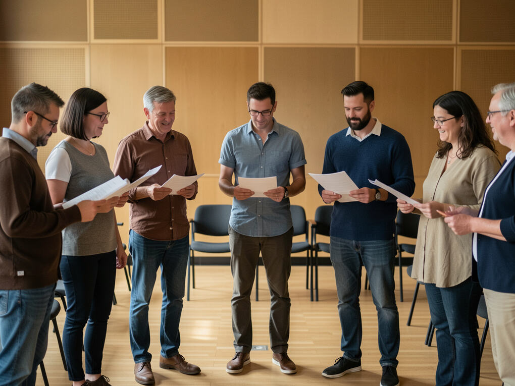 Six singers standing close in a semicircle, scores lowered, listening to each other.