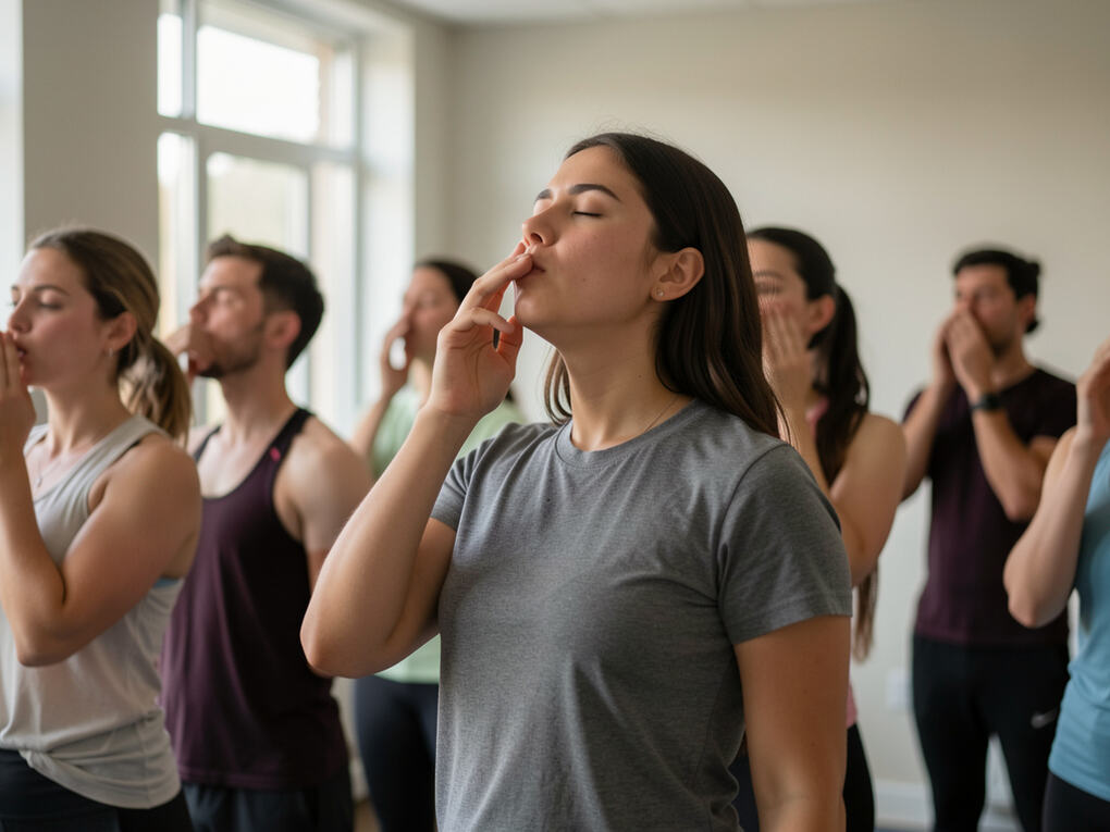 A singer stretching and humming before a rehearsal begins.