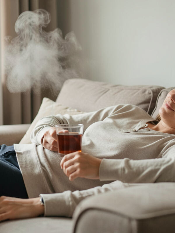 A singer resting with a scarf and a cup, voice silent.