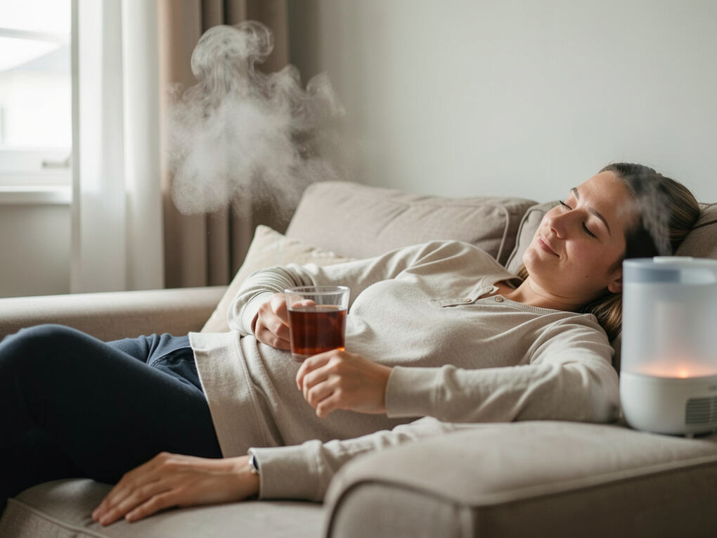 A singer resting with a scarf and a cup, voice silent.